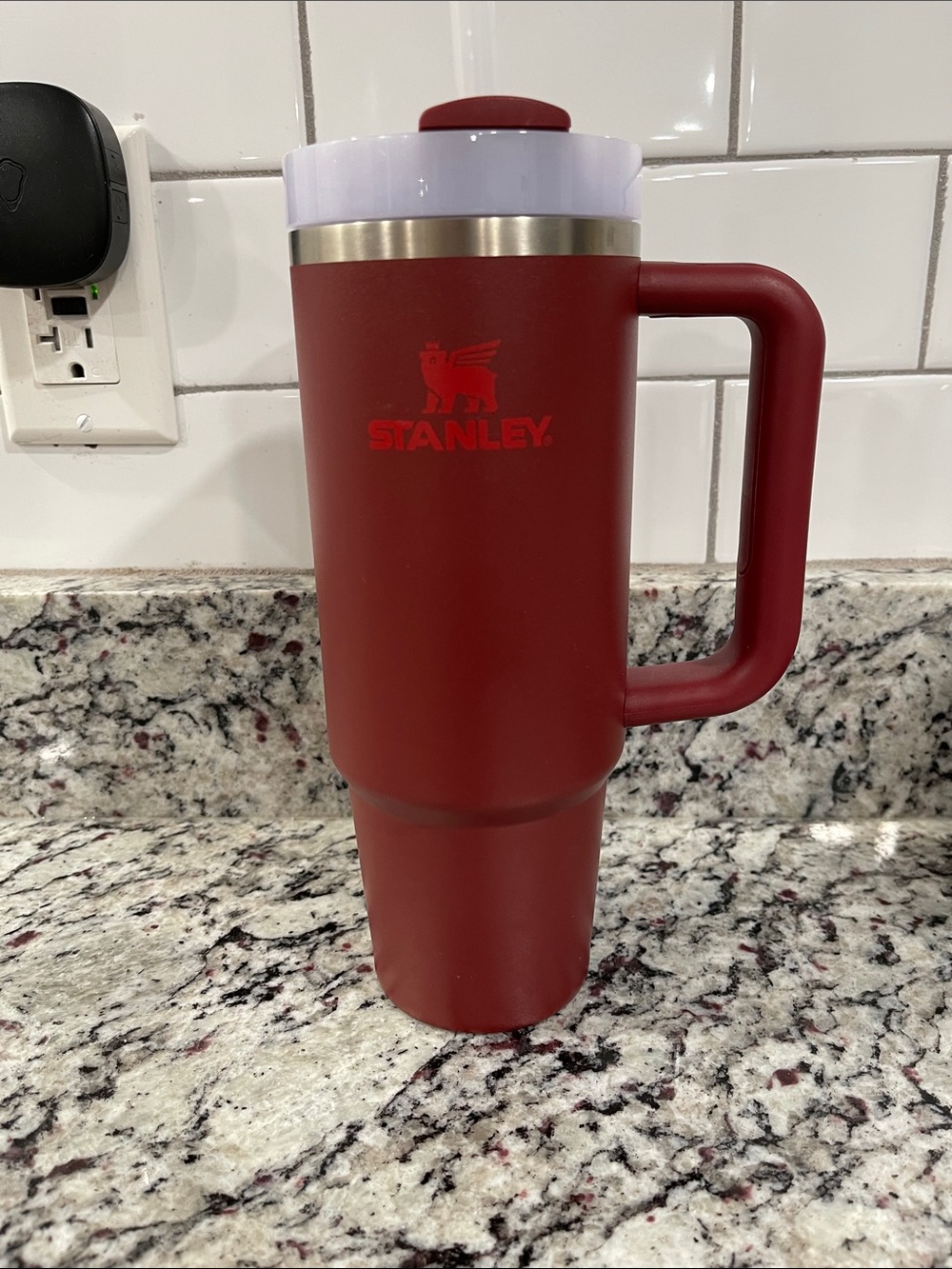 Stanley Red Travel Tumbler with Handle and White Lid Accent